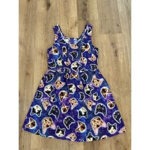 Retrolicious Whimsygoth Celestial‎ Galaxy Cat Print Dress Womens L Purple